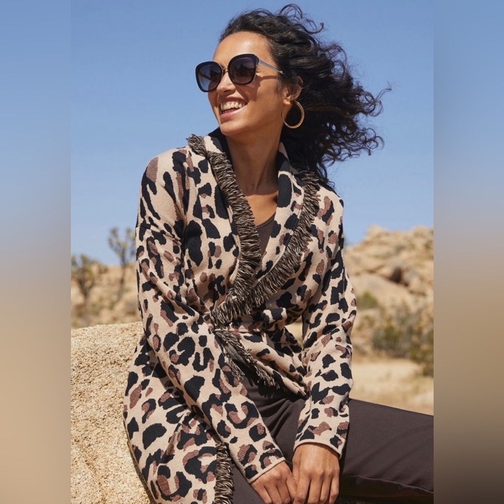 Chico's Leopard Fringe Open-Front Cardigan in Beige Black Brown